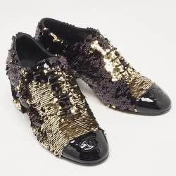 Chanel Gold/Black Sequins and Patent Leather CC Cap Toe Oxfords Size 38