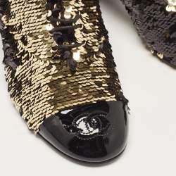 Chanel Gold/Black Sequins and Patent Leather CC Cap Toe Oxfords Size 38