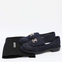 Chanel Navy Blue Denim CC Turnlock Loafers Size 36