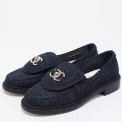 Chanel Navy Blue Denim CC Turnlock Loafers Size 36