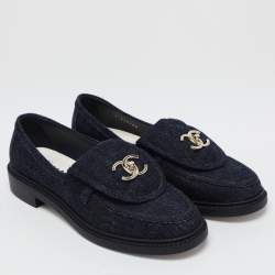Chanel Navy Blue Denim CC Turnlock Loafers Size 36