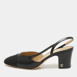 Chanel Black Leather and Fabric Cap Toe CC Slingback Pumps Size 39