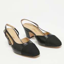 Chanel Black Leather and Fabric Cap Toe CC Slingback Pumps Size 39