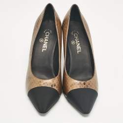 Pre Owned Chanel Brown/Black Snake Print Leather and Canvas Cap Toe Pumps Size 41.5