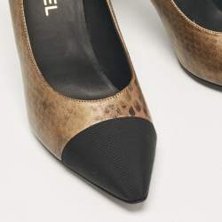 Pre Owned Chanel Brown/Black Snake Print Leather and Canvas Cap Toe Pumps Size 41.5