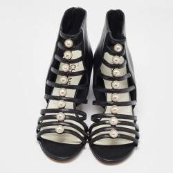 Chanel Black Leather Faux Pearl Embellished Strappy Flat Sandals Size 37.5