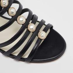 Chanel Black Leather Faux Pearl Embellished Strappy Flat Sandals Size 37.5