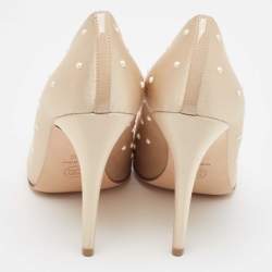 Pre Owned Chanel Beige Satin Pearl Embellished CC Cap Toe Pumps Size 40