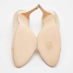 Pre Owned Chanel Beige Satin Pearl Embellished CC Cap Toe Pumps Size 40