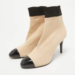 Chanel Beige/Black Knit Fabric and Patent Cap Toe CC Ankle Booties Size 39