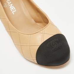 Pre Owned Chanel Beige/Black Quilted Leather and Canvas Cap Toe CC Pumps Size 40.5