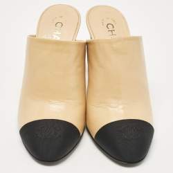 Chanel Beige/Black Canvas and Leather Mules Size 36