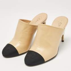 Chanel Beige/Black Canvas and Leather Mules Size 36