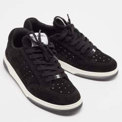 Pre Owned Chanel Black Suede Perforated CC Lace Up Sneakers Size 40