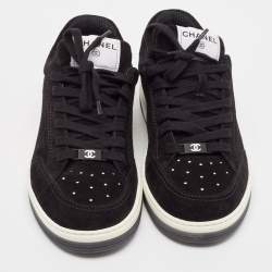 Pre Owned Chanel Black Suede Perforated CC Lace Up Sneakers Size 40