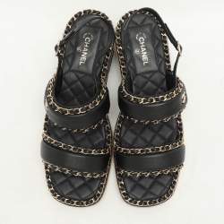 Chanel Black Leather Chain Link CC Cork Sandals Size 40C