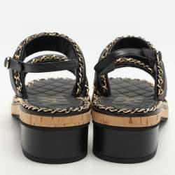 Chanel Black Leather Chain Link CC Cork Sandals Size 40C