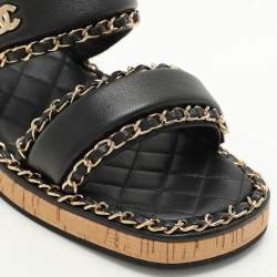 Chanel Black Leather Chain Link CC Cork Sandals Size 40C