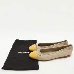 Pre Owned Chanel Beige/Yellow Quilted Leather and Patent Leather CC Ballet Flats Size 40.5
