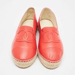 Chanel Red Leather CC Cap Toe Espadrille Flats Size 40