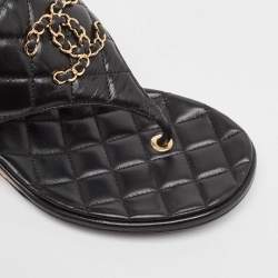 Chanel Black Quilted Leather Chain Link CC Thong Slide Sandals Size 40