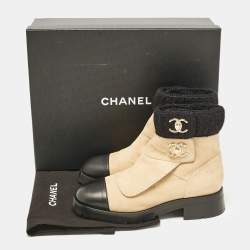 Chanel Beige/Black Suede and Leather CC Combat Boots Size 40.5