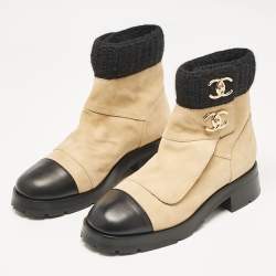 Chanel Beige/Black Suede and Leather CC Combat Boots Size 40.5
