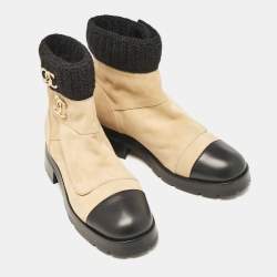 Chanel Beige/Black Suede and Leather CC Combat Boots Size 40.5