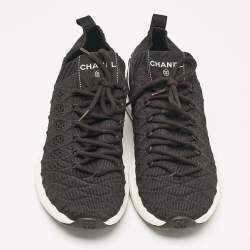 Pre Owned Chanel Black Knit Fabric CC Low Top Sneakers Size 38.5