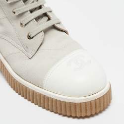 Chanel Grey/White Leather and Suede Combat Boots Size 37.5