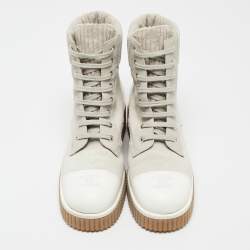 Chanel Grey/White Leather and Suede Combat Boots Size 37.5
