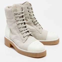 Chanel Grey/White Leather and Suede Combat Boots Size 37.5