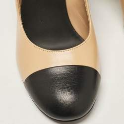 Pre Owned Chanel Beige/Black Leather Cap Toe Mary Jane Pumps Size 36
