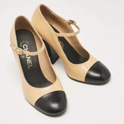 Pre Owned Chanel Beige/Black Leather Cap Toe Mary Jane Pumps Size 36