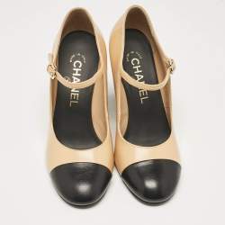Pre Owned Chanel Beige/Black Leather Cap Toe Mary Jane Pumps Size 36