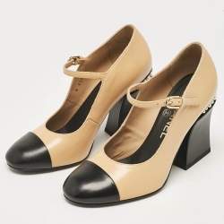 Pre Owned Chanel Beige/Black Leather Cap Toe Mary Jane Pumps Size 36