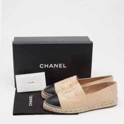 Pre Owned Chanel Beige/Black Leather CC Cap Toe Espadrille Flats Size 39