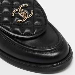 Pre Owned Chanel Black Quilted Leather CC Turnlock Loafers Size 39.5