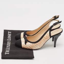 Pre Owned Chanel Black/Beige Canvas and Python Leather Bow Slingback Pumps Size 39