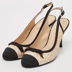 Pre Owned Chanel Black/Beige Canvas and Python Leather Bow Slingback Pumps Size 39