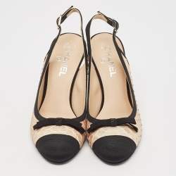 Pre Owned Chanel Black/Beige Canvas and Python Leather Bow Slingback Pumps Size 39