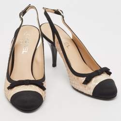 Pre Owned Chanel Black/Beige Canvas and Python Leather Bow Slingback Pumps Size 39