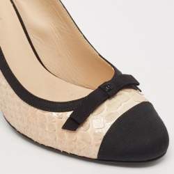 Pre Owned Chanel Black/Beige Canvas and Python Leather Bow Slingback Pumps Size 39