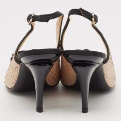 Pre Owned Chanel Black/Beige Canvas and Python Leather Bow Slingback Pumps Size 39