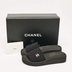 Chanel Black Quilted Neoprene CC Slide Sandals Size 36