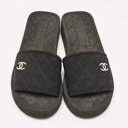 Chanel Black Quilted Neoprene CC Slide Sandals Size 36