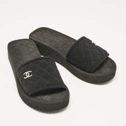 Chanel Black Quilted Neoprene CC Slide Sandals Size 36