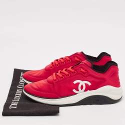 Pre Owned Chanel Red Nylon CC Lace Up Sneakers Size 39.5