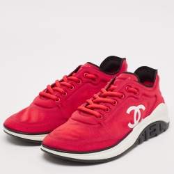 Pre Owned Chanel Red Nylon CC Lace Up Sneakers Size 39.5