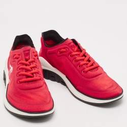 Pre Owned Chanel Red Nylon CC Lace Up Sneakers Size 39.5
